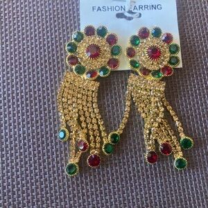 Gold-Tone Red & Green Crystal Fringe Earrings